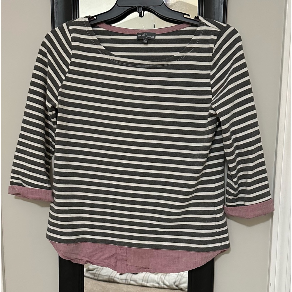 Market & Spruce 3/4 sleeve layered top charcoal gray and white striped.
